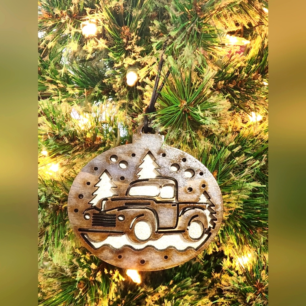Custom wood holiday ornaments, white & natural wood colors,3 1/2" wide × 4" tall
